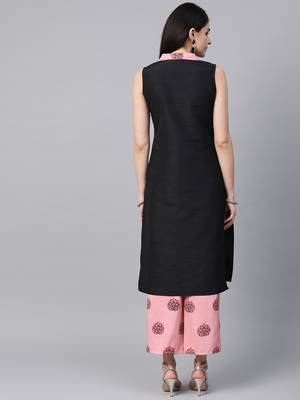 Women's black Solid Straight Polysilk Kurta With Palazzo 2