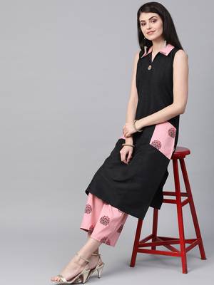 Women's black Solid Straight Polysilk Kurta With Palazzo 3