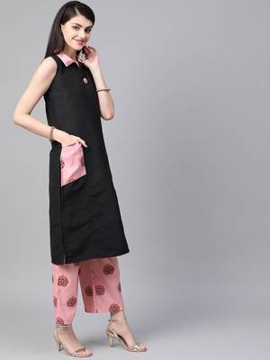 Women's black Solid Straight Polysilk Kurta With Palazzo 4