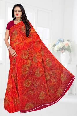 Red printed chiffon saree with blouse 1