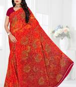 Red printed chiffon saree with blouse