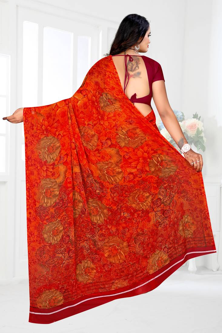 Red printed chiffon saree with blouse