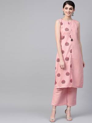 Women's pink Khadi Print Straight Polysilk Kurta With Palazzo 1