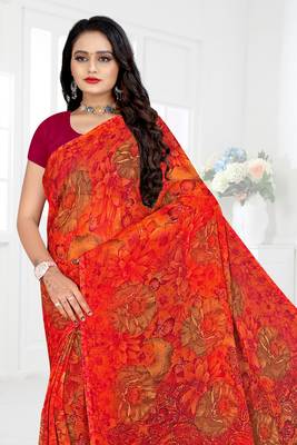 Red printed chiffon saree with blouse 4