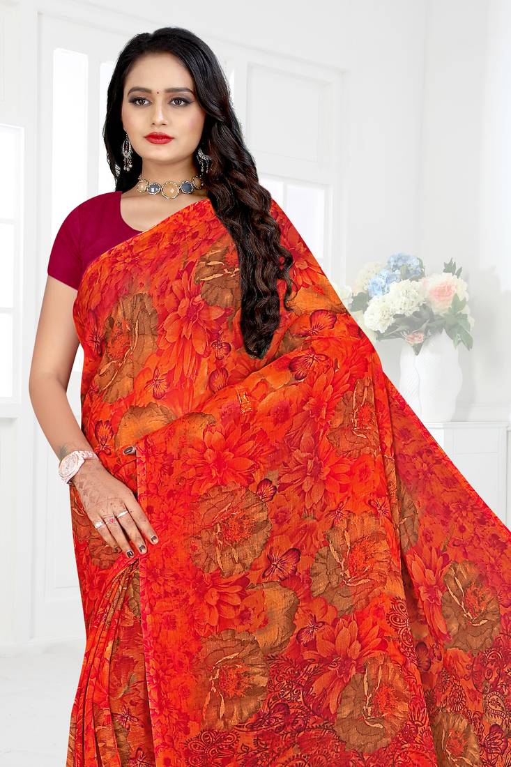 Red printed chiffon saree with blouse
