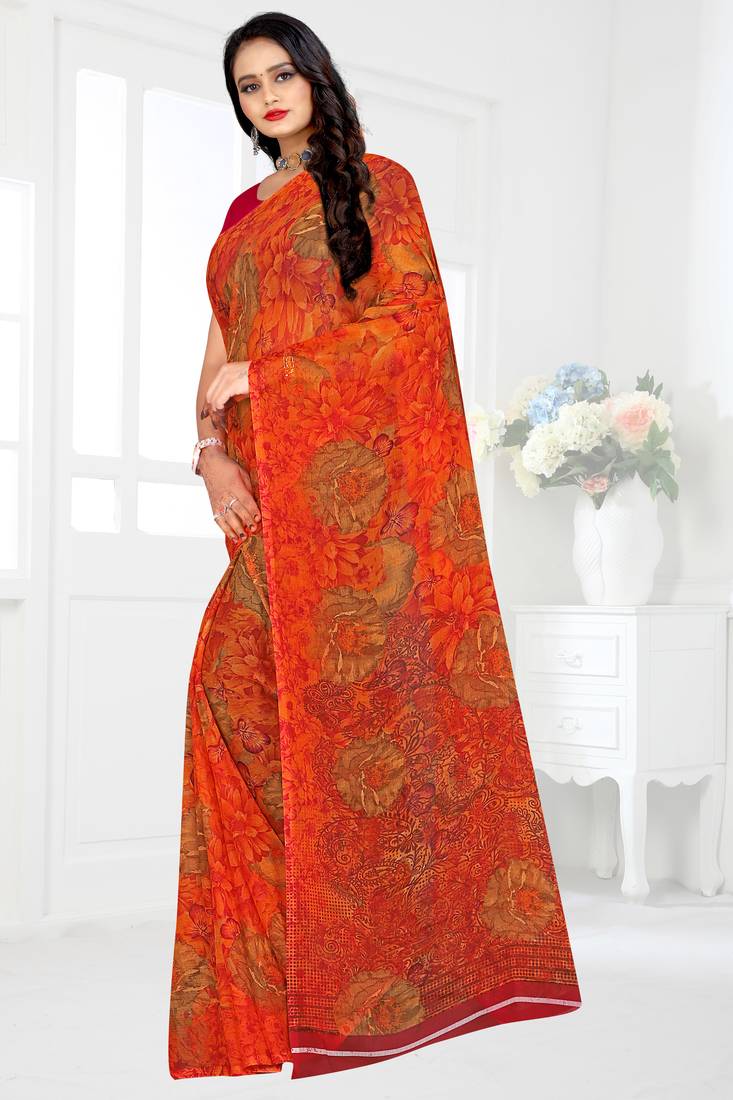 Red printed chiffon saree with blouse