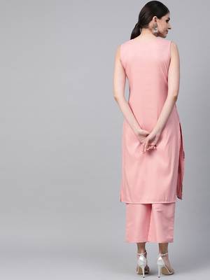 Women's pink Khadi Print Straight Polysilk Kurta With Palazzo 2