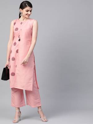 Women's pink Khadi Print Straight Polysilk Kurta With Palazzo 3