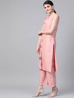 Women's pink Khadi Print Straight Polysilk Kurta With Palazzo 4