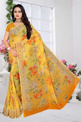 Yellow printed Chiffon Saree with Blouse 1