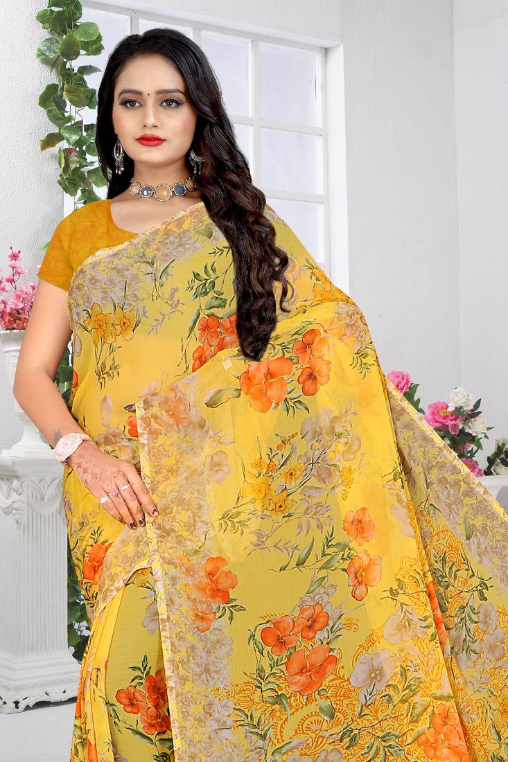 Yellow printed Chiffon Saree with Blouse
