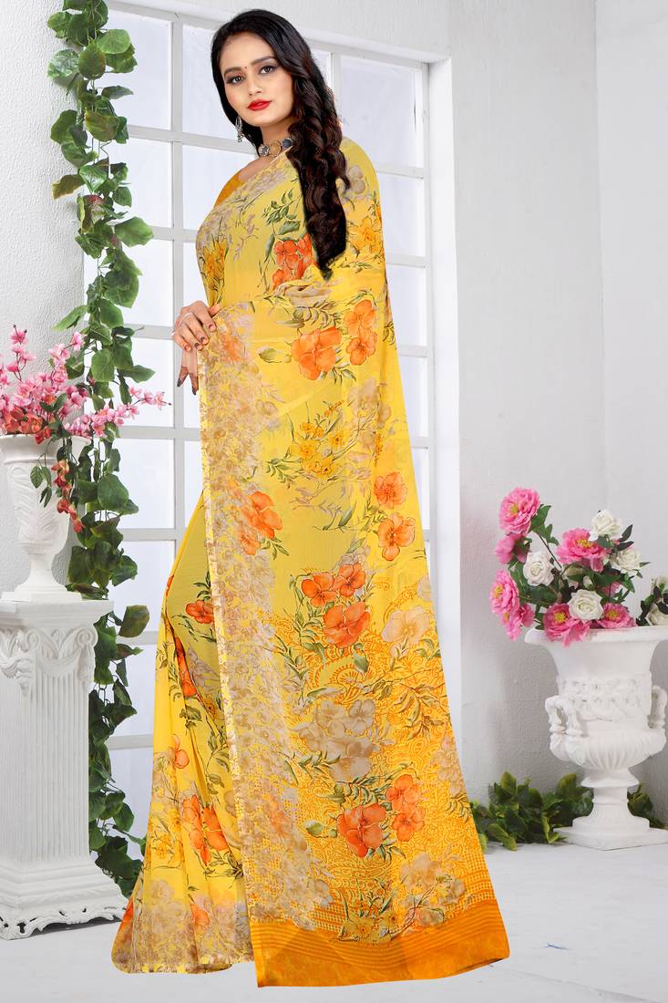 Yellow printed Chiffon Saree with Blouse