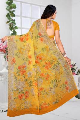 Yellow printed Chiffon Saree with Blouse 5