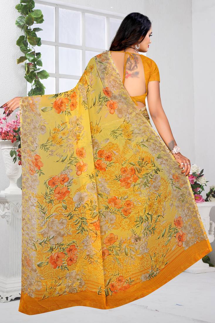 Yellow printed Chiffon Saree with Blouse