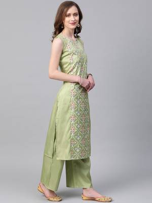 Women's green Khadi Print Straight Polysilk Kurta With Palazzo 3