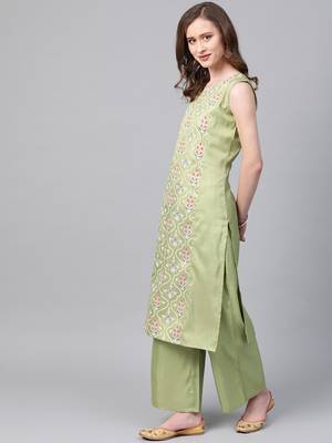 Women's green Khadi Print Straight Polysilk Kurta With Palazzo 4