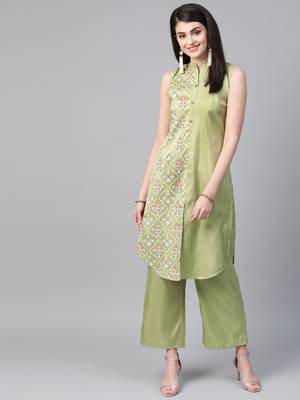 Women's green Khadi Print Straight Polysilk Kurta 1