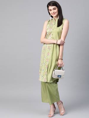 Women's green Khadi Print Straight Polysilk Kurta 3