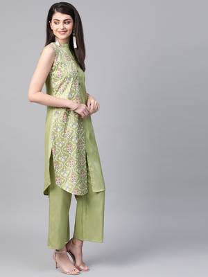Women's green Khadi Print Straight Polysilk Kurta 4