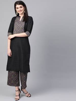 Women's black Khadi Print Straight Polysilk Kurta 1