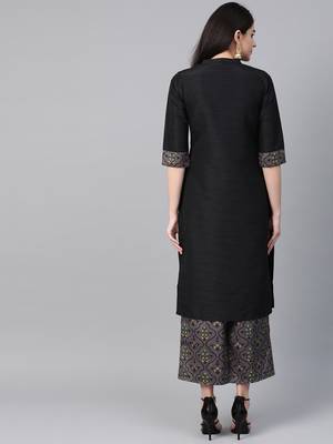 Women's black Khadi Print Straight Polysilk Kurta 2