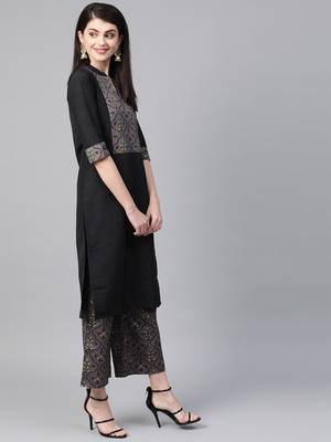 Women's black Khadi Print Straight Polysilk Kurta 4