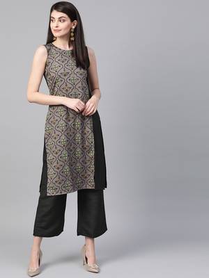 Women's black Khadi Print Straight Polysilk Kurta With Palazzo 1