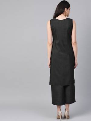 Women's black Khadi Print Straight Polysilk Kurta With Palazzo 2