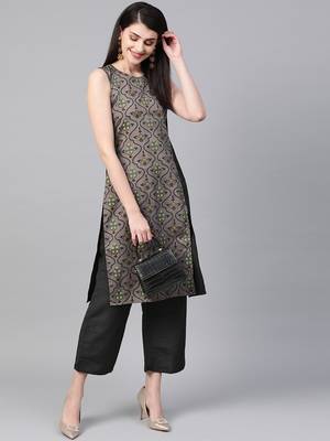 Women's black Khadi Print Straight Polysilk Kurta With Palazzo 3