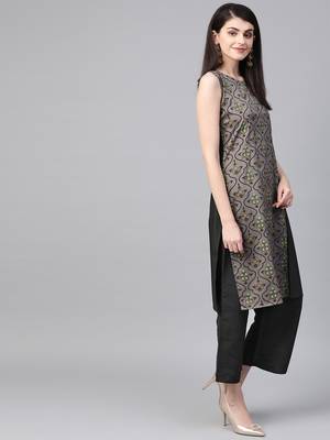 Women's black Khadi Print Straight Polysilk Kurta With Palazzo 4
