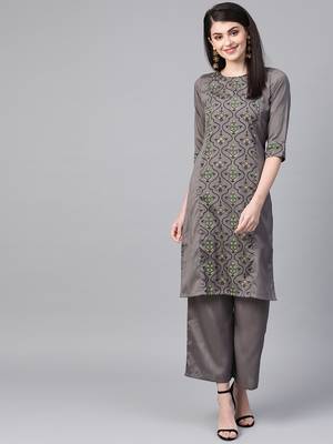 Women's grey Khadi Print Straight Polysilk Kurta With Palazzo 1