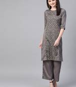 Women's grey Khadi Print Straight Polysilk Kurta With Palazzo