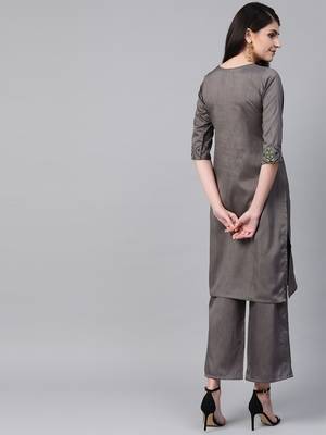 Women's grey Khadi Print Straight Polysilk Kurta With Palazzo 2