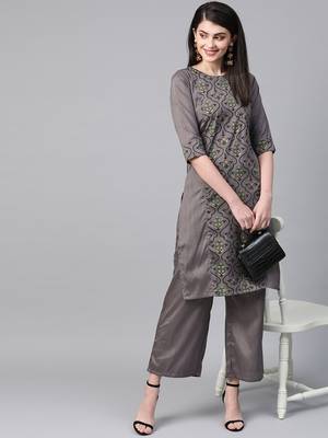 Women's grey Khadi Print Straight Polysilk Kurta With Palazzo 3