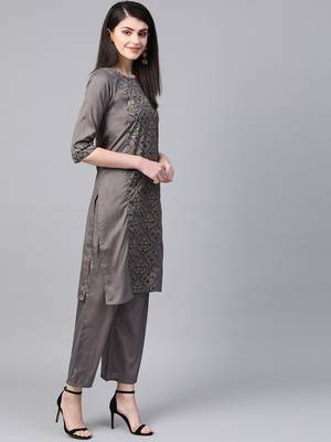 Women's grey Khadi Print Straight Polysilk Kurta With Palazzo 4