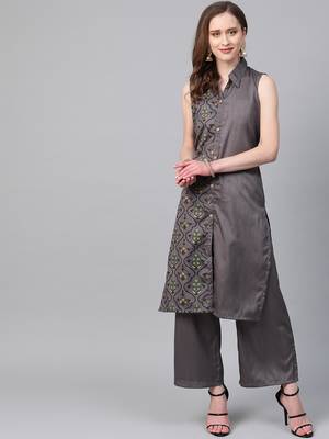Women's grey Khadi Print Straight Polysilk Kurta With Palazzo 1