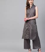 Women's grey Khadi Print Straight Polysilk Kurta With Palazzo