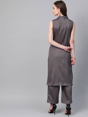 Women's grey Khadi Print Straight Polysilk Kurta With Palazzo 2