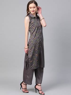 Women's grey Khadi Print Straight Polysilk Kurta With Palazzo 3