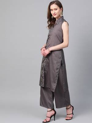 Women's grey Khadi Print Straight Polysilk Kurta With Palazzo 4