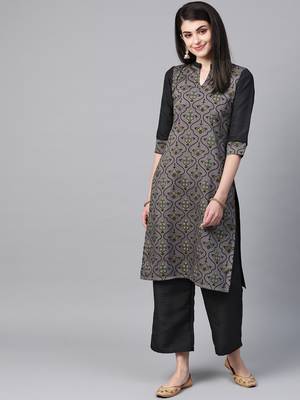 Women's grey Khadi Print Straight Polysilk Kurta 1