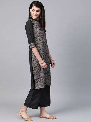 Women's grey Khadi Print Straight Polysilk Kurta 4