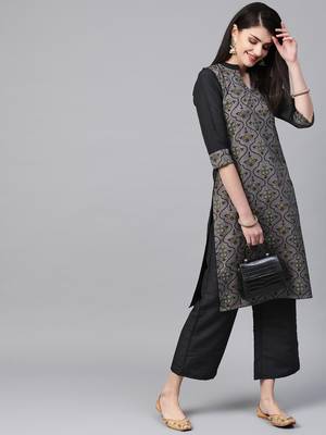 Women's grey Khadi Print Straight Polysilk Kurta With Palazzo 3