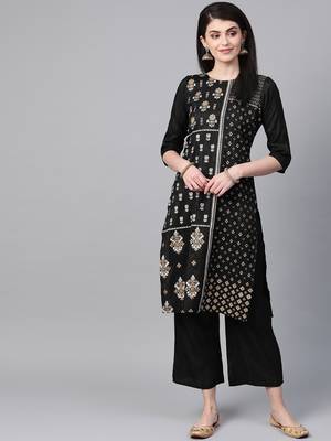 Women's black Khadi Print Straight Polysilk Kurta With Palazzo 1
