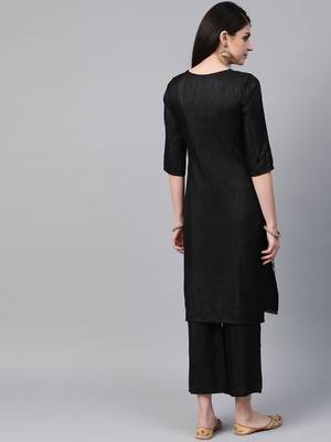 Women's black Khadi Print Straight Polysilk Kurta With Palazzo 2