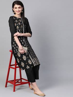 Women's black Khadi Print Straight Polysilk Kurta With Palazzo 3