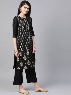 Women's black Khadi Print Straight Polysilk Kurta With Palazzo 4