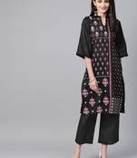 Women's black Khadi Print Straight Polysilk Kurta