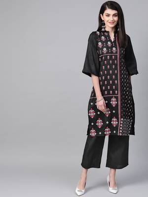 Women's black Khadi Print Straight Polysilk Kurta With Palazzo 1