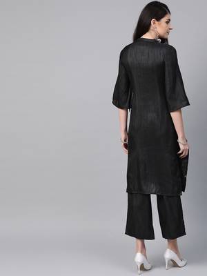 Women's black Khadi Print Straight Polysilk Kurta With Palazzo 2